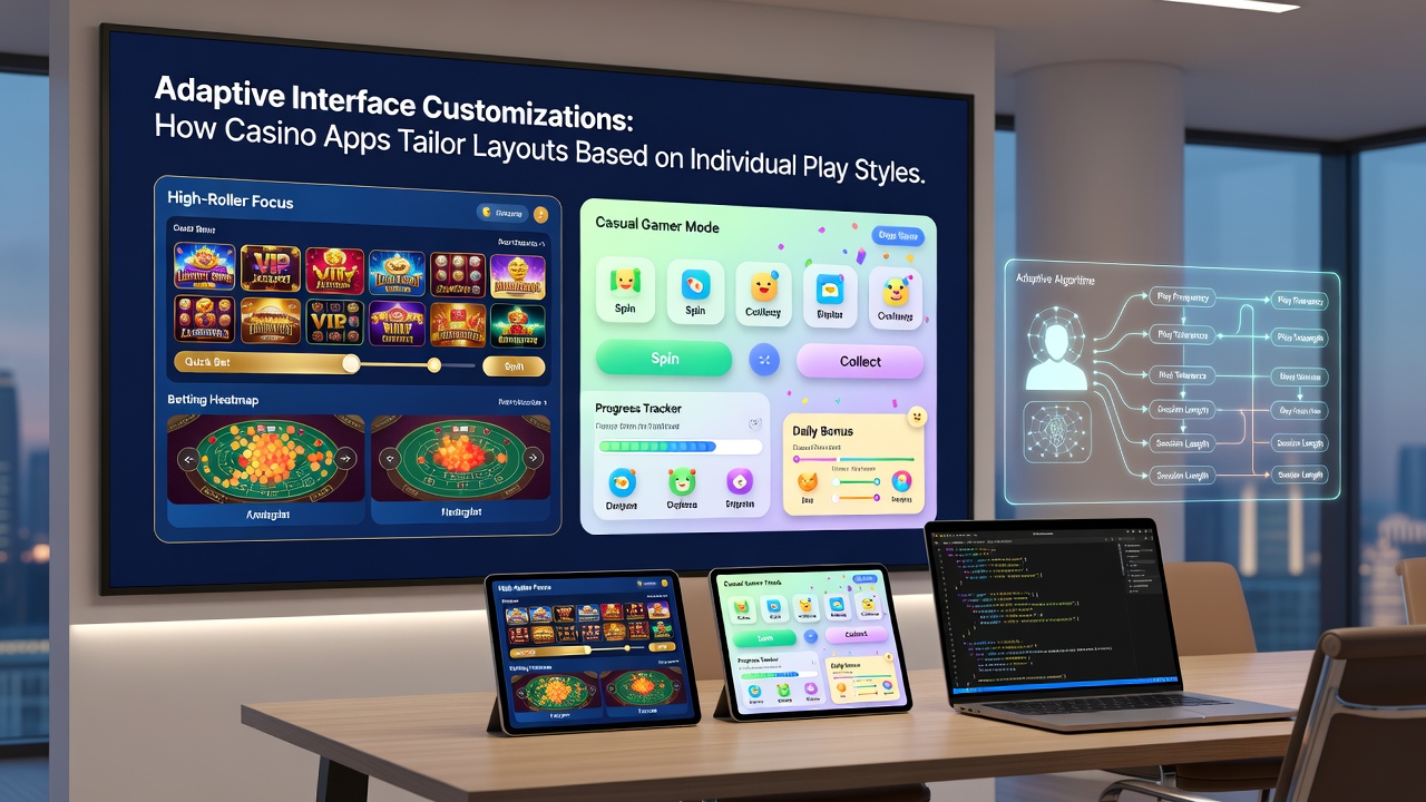 Detailed view of customized casino app dashboard with play-style based button sizing and device-optimized navigation