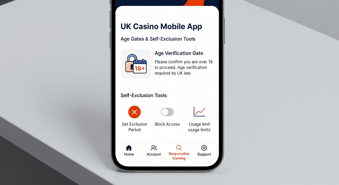 Illustration of self-exclusion interface in a UK casino app, showing options for temporary and permanent bans with confirmation prompts