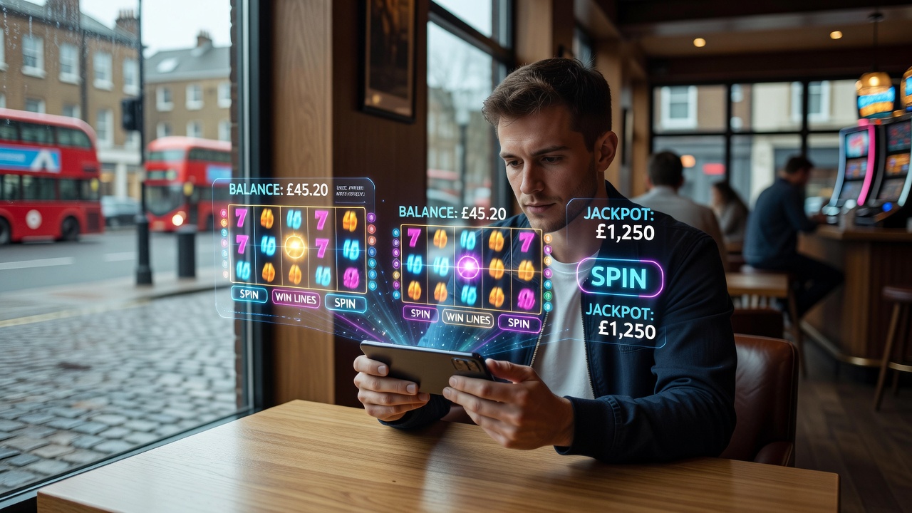 Augmented reality overlay displaying interactive 3D slot symbols on a mobile device screen in a regulated British gambling environment
