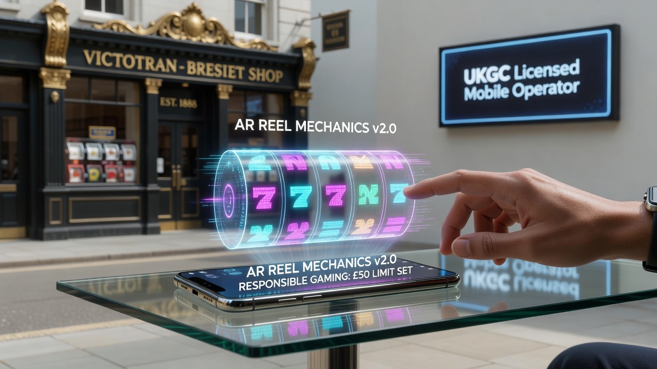 Mobile screen showing AR-enhanced slot game with virtual bonus elements overlaid on real-world surface during regulated play session