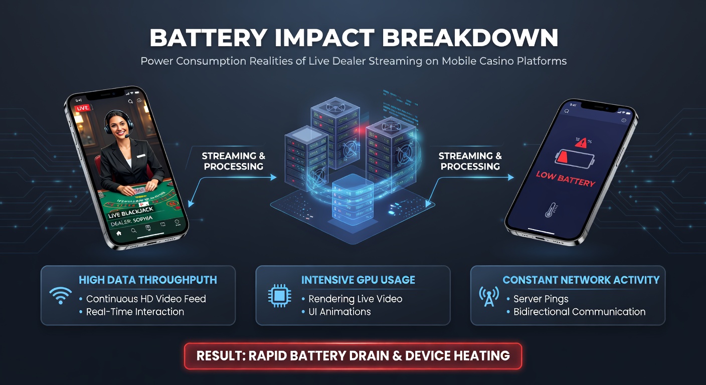 Smartphone screen displaying a live dealer blackjack table with battery icon showing rapid drain during a session