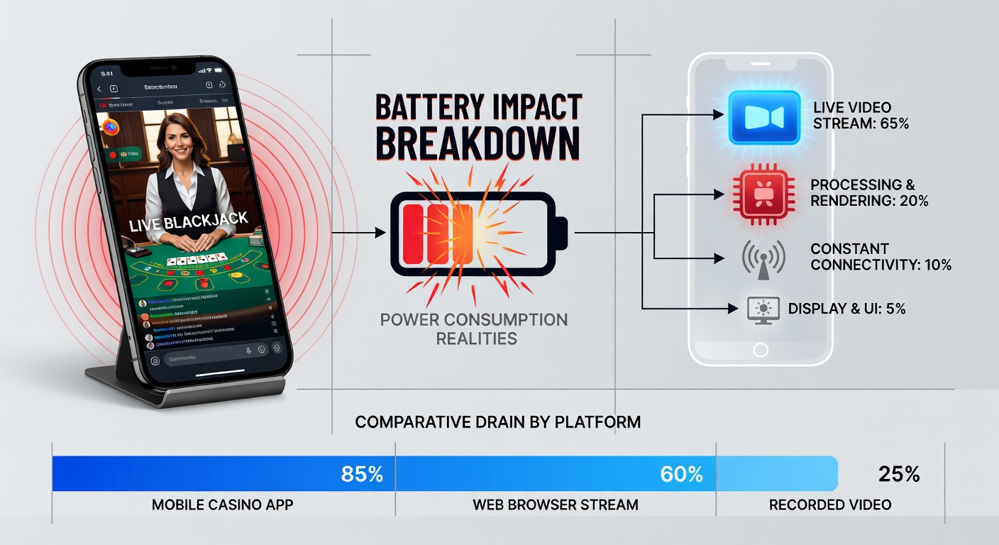 Graph comparing battery drain rates: live dealer vs. slots vs. video streaming on various smartphones during 30-minute sessions