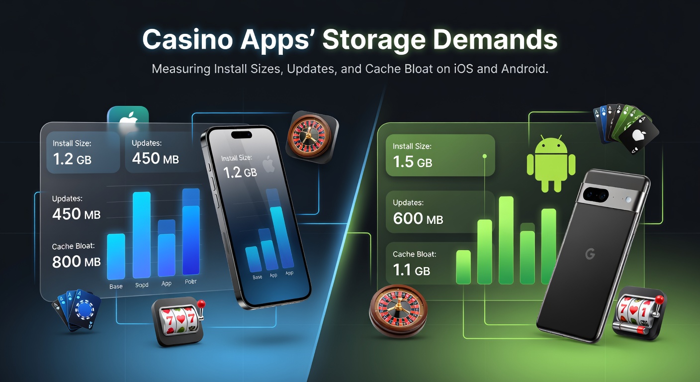 Graphic comparing storage usage of popular casino apps on iOS and Android devices, highlighting install sizes and cache growth over time