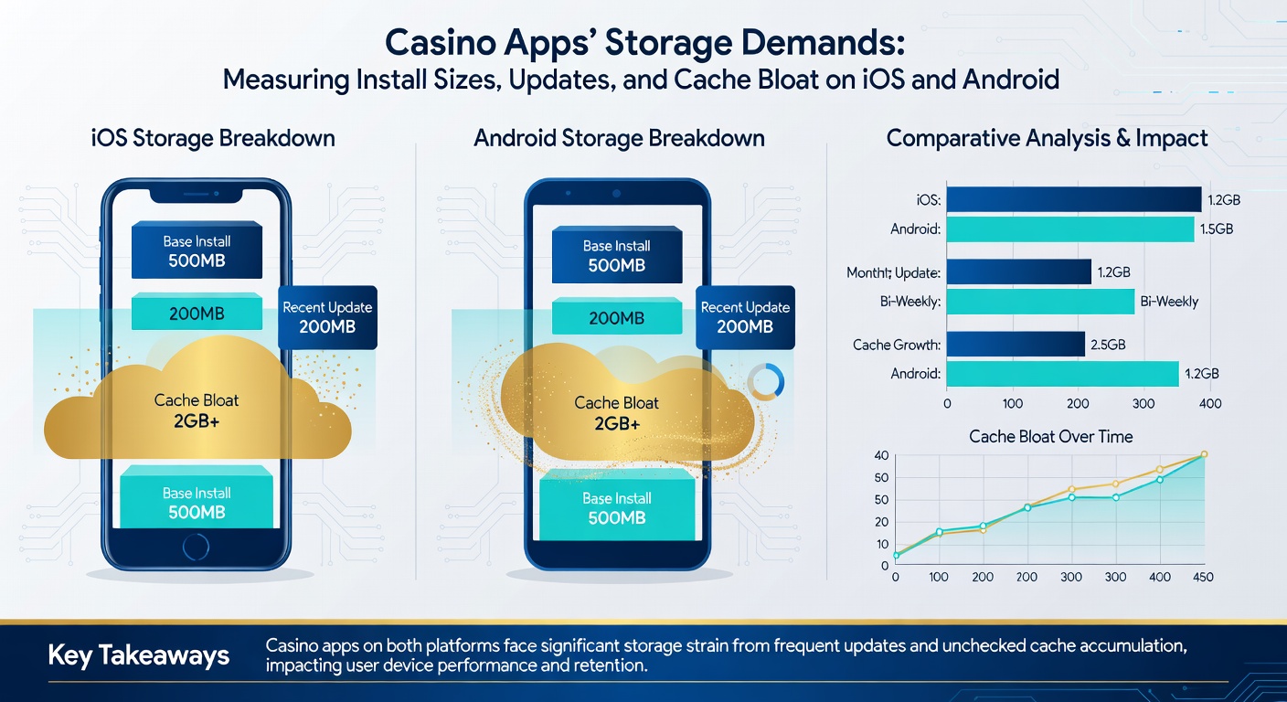 Chart illustrating cache bloat accumulation in casino apps over weeks of use, comparing iOS offloading features against Android manual clears