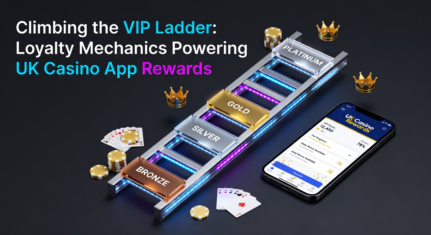 Illustration of a player ascending a glowing VIP ladder in a casino app interface, surrounded by reward icons like coins, bonuses, and exclusive badges