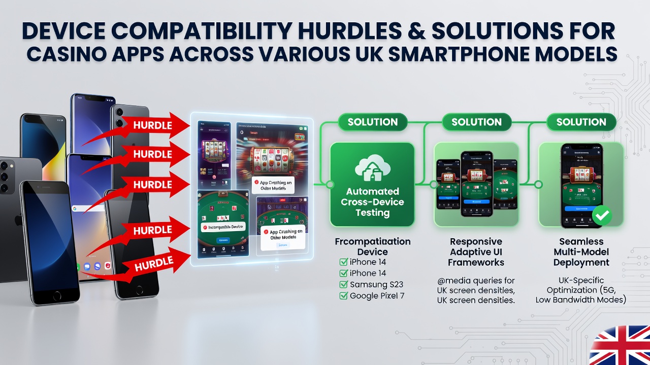 Various UK smartphone models displaying casino app interfaces with compatibility indicators