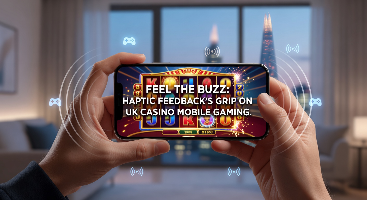 Close-up of a hand holding a mobile phone with glowing casino app interface, overlaid vibration patterns highlighting haptic responses during a live roulette spin
