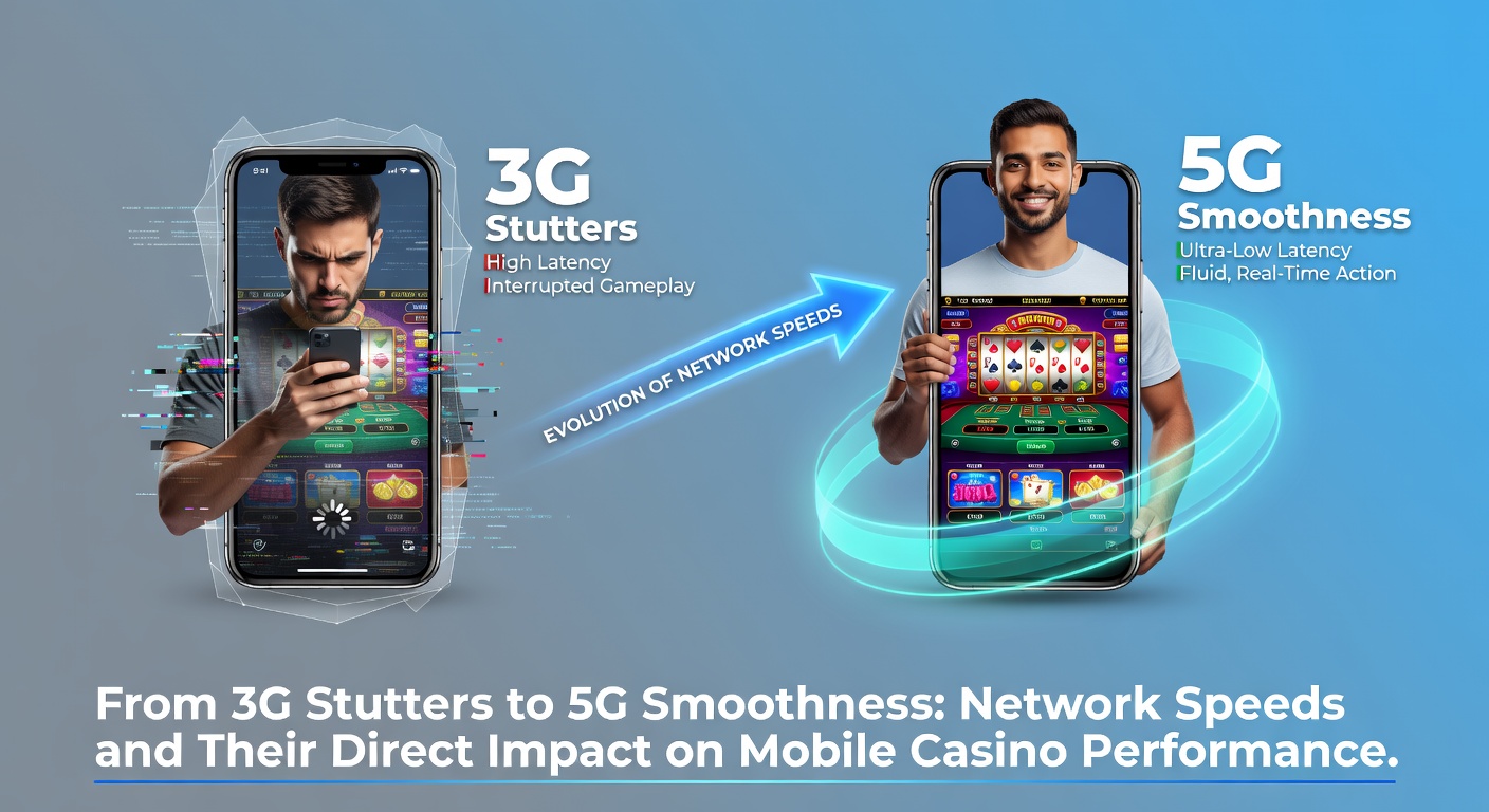 Illustration of mobile phone evolving from 3G signal bars to full 5G connectivity with casino app graphics loading smoothly in the background