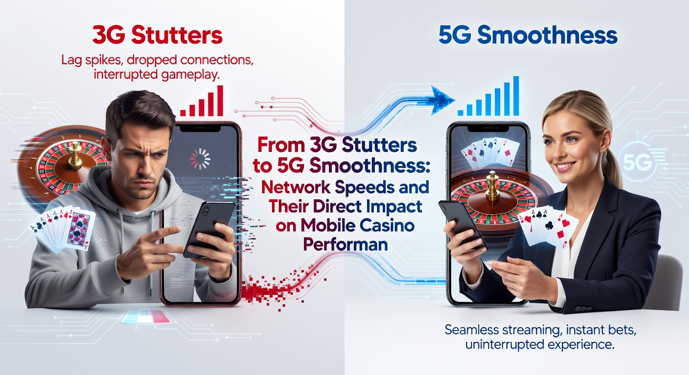 Graph comparing 3G, 4G, and 5G speed metrics overlaid on a mobile casino interface showing seamless live dealer streaming