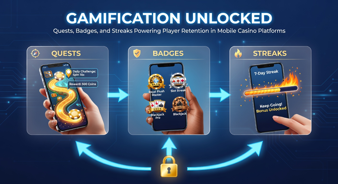 Vibrant mobile casino app screen showing quests, badges, and streak counters designed to engage players and encourage repeated visits