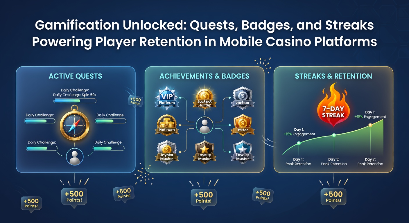 Close-up of badge collection interface in a mobile casino app, featuring shiny icons for achievements like high roller status and game mastery