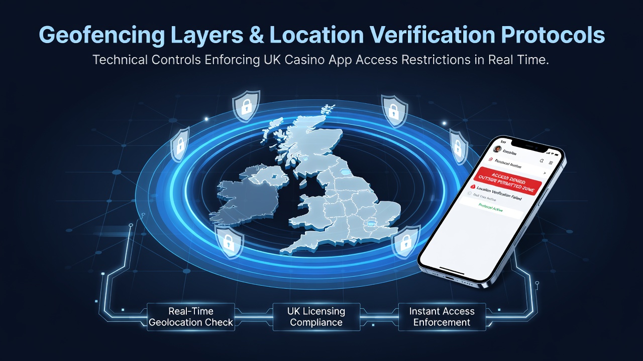 Diagram showing multiple geofencing layers including GPS, cellular towers, and Wi-Fi signals overlaid on a UK map for casino app access control