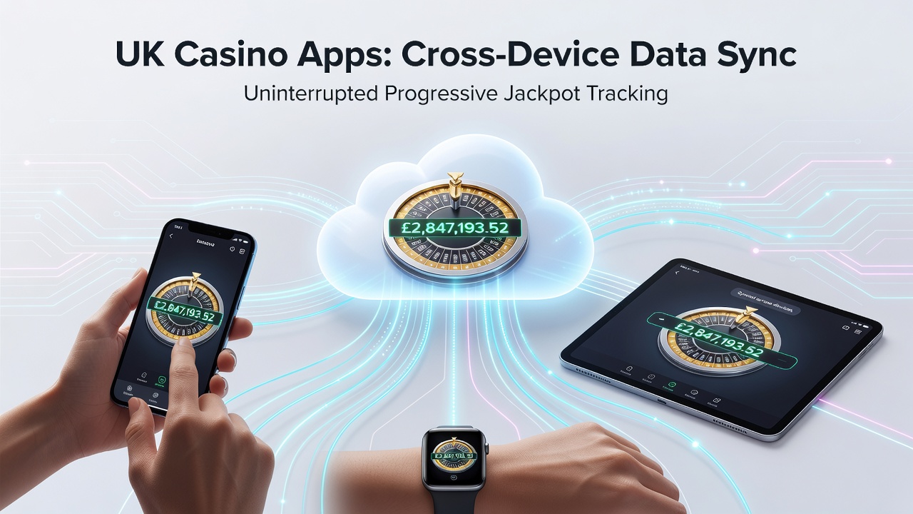 Diagram showing real-time data synchronization across smartphone, tablet, and desktop devices for progressive jackpot tracking in casino apps