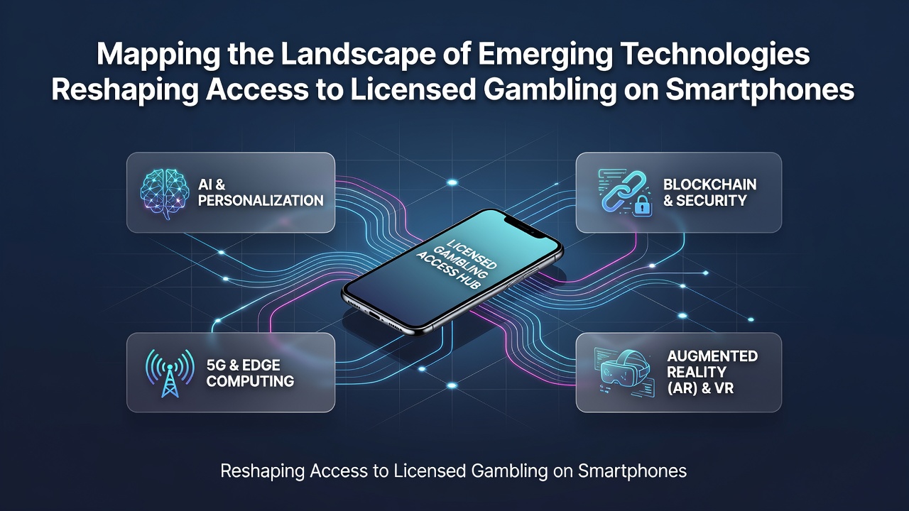 Augmented reality interface on smartphone showing licensed gambling locations mapped across a British city street