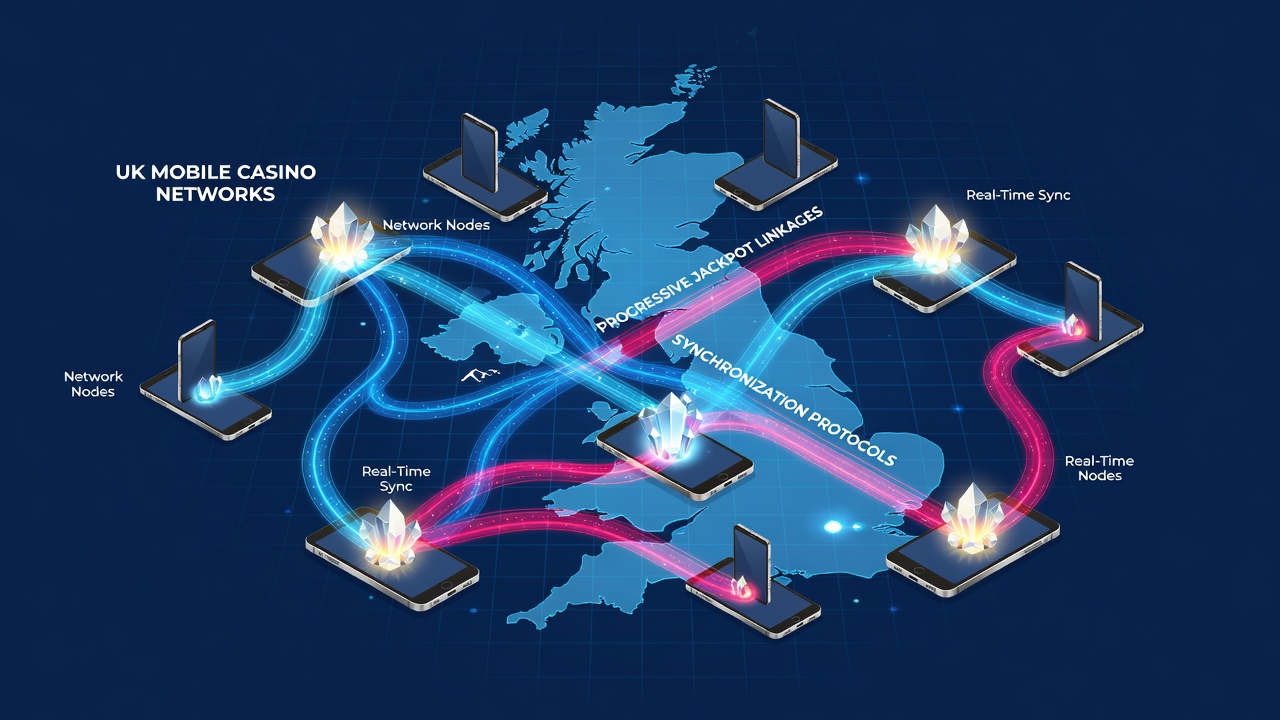 Diagram showing connected mobile casino networks with progressive jackpot pools flowing between UK-based platforms and servers